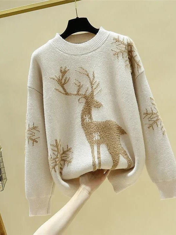Festive Deers Jacquard Crewneck Sweater - Slouchy Long Sleeve Loose Pullover Knitwear
