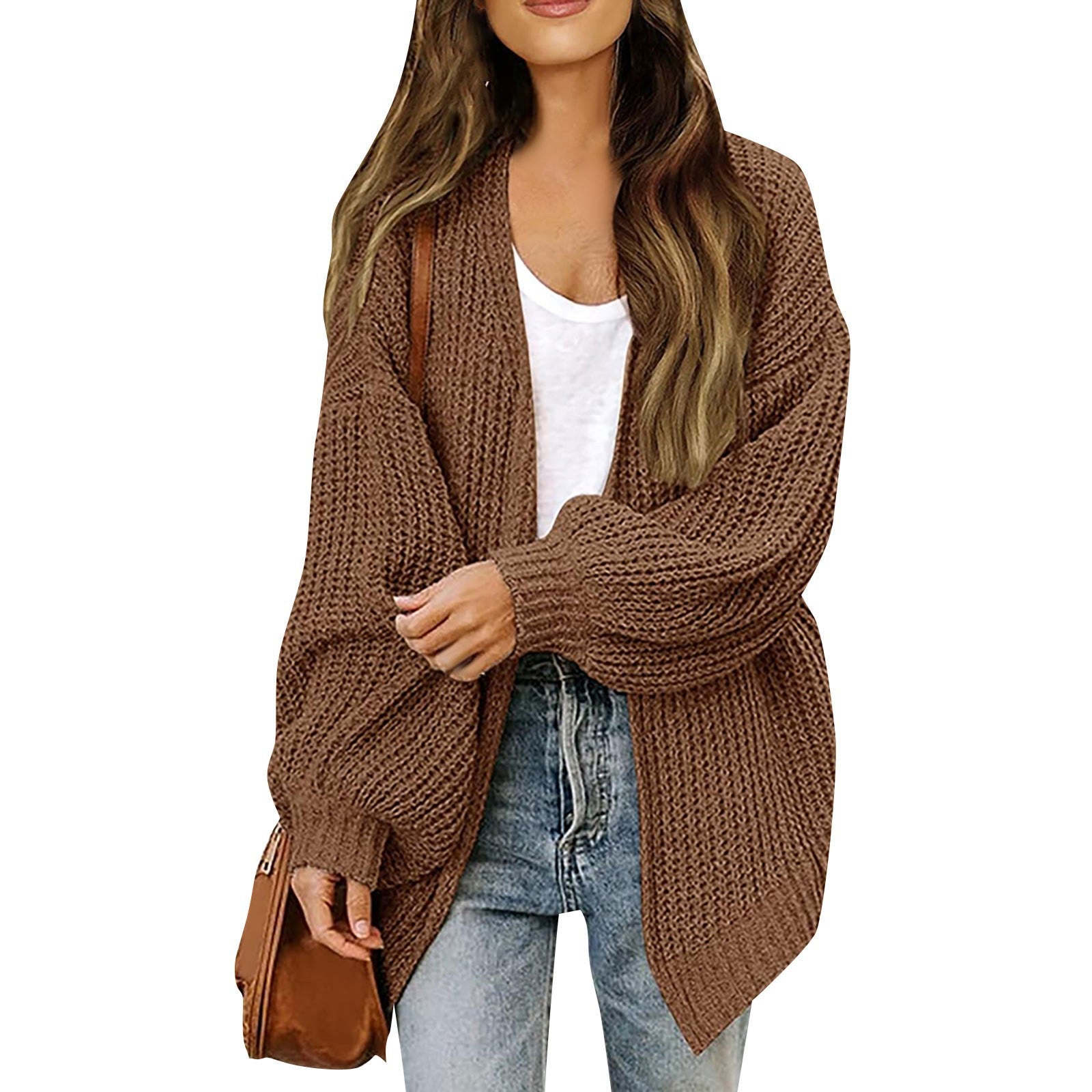 Chunky Knit Lantern Sleeve Cardigan - Loose Fit Open Front Slouchy Oversized Sweater Jacket