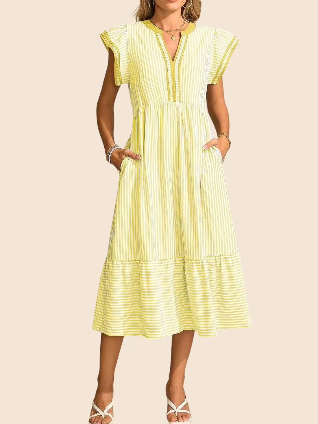 Mediterranean Style Striped Holiday Dress | Elegant High Waist Midi Dress with Pockets