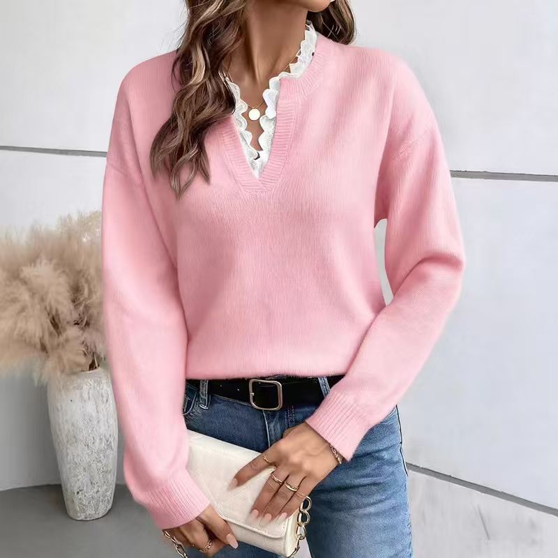 Chic Faux Two-Piece Knit Sweater - Elegant Lace Trim V-Neck Long Sleeve Pullover