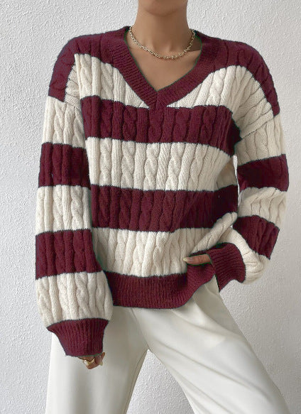 Women's Striped Cable Knit V-Neck Sweater | Casual Loose Fit Color Block Pullover Top