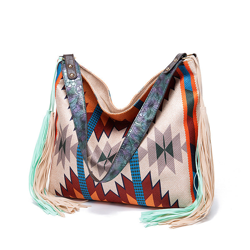 Vintage Southwestern Shoulder Bag - Handmade Tribal Large Capacity Boho Tote with Leather Fringe