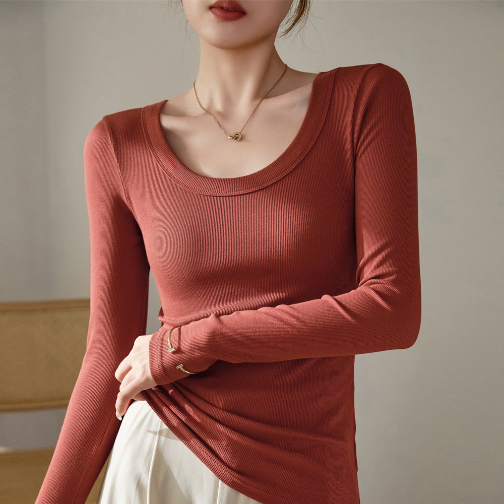 Premium High-Stretch Ribbed U-Neck Top - Slim Fit Classic Long Sleeve T-Shirt Scoop Neck Layering Base Layer