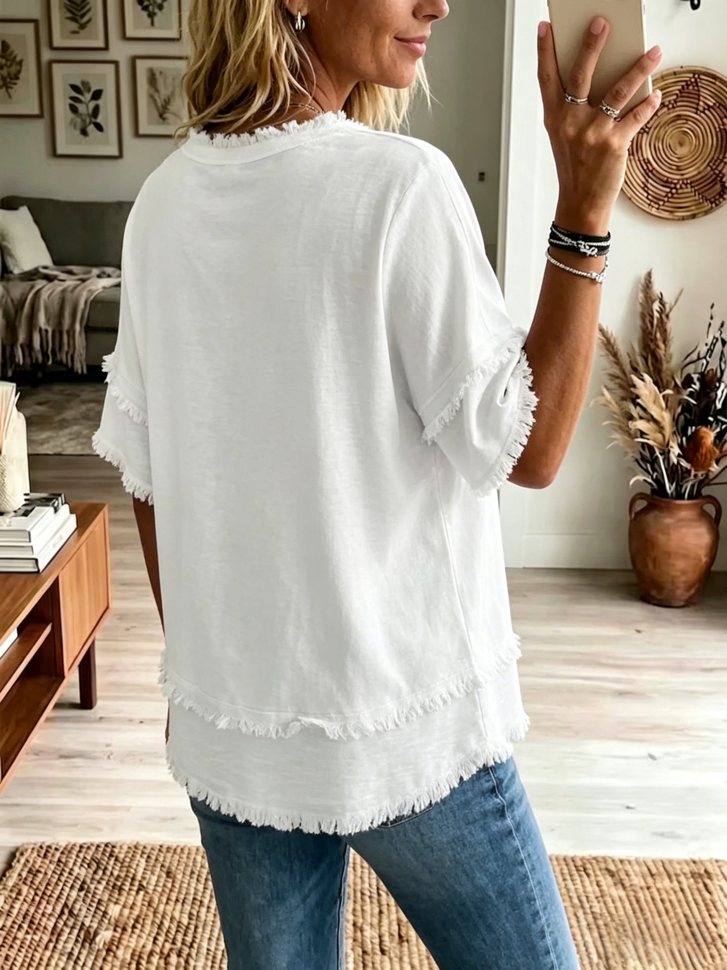 Casual Short-sleeve Raw-hem Linen-blend Top