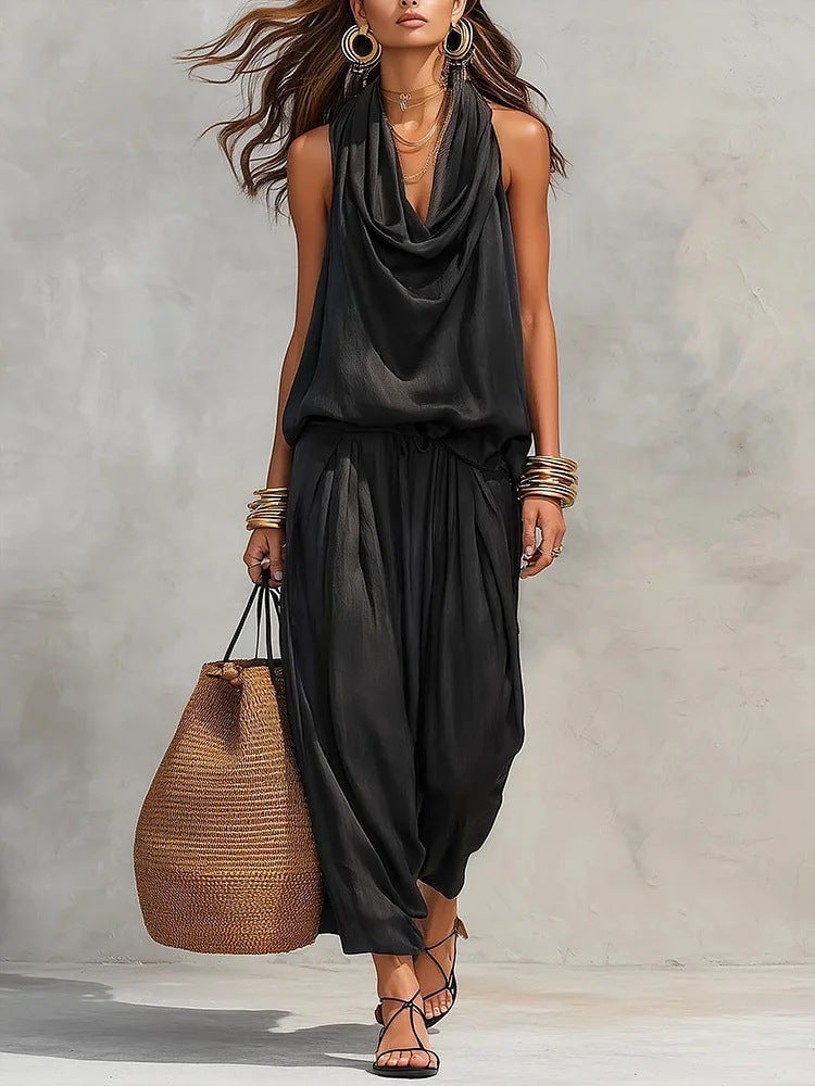 Women's Pleated Neck Two Piece Set, Sleeveless Top and Relaxed Pants Outfit