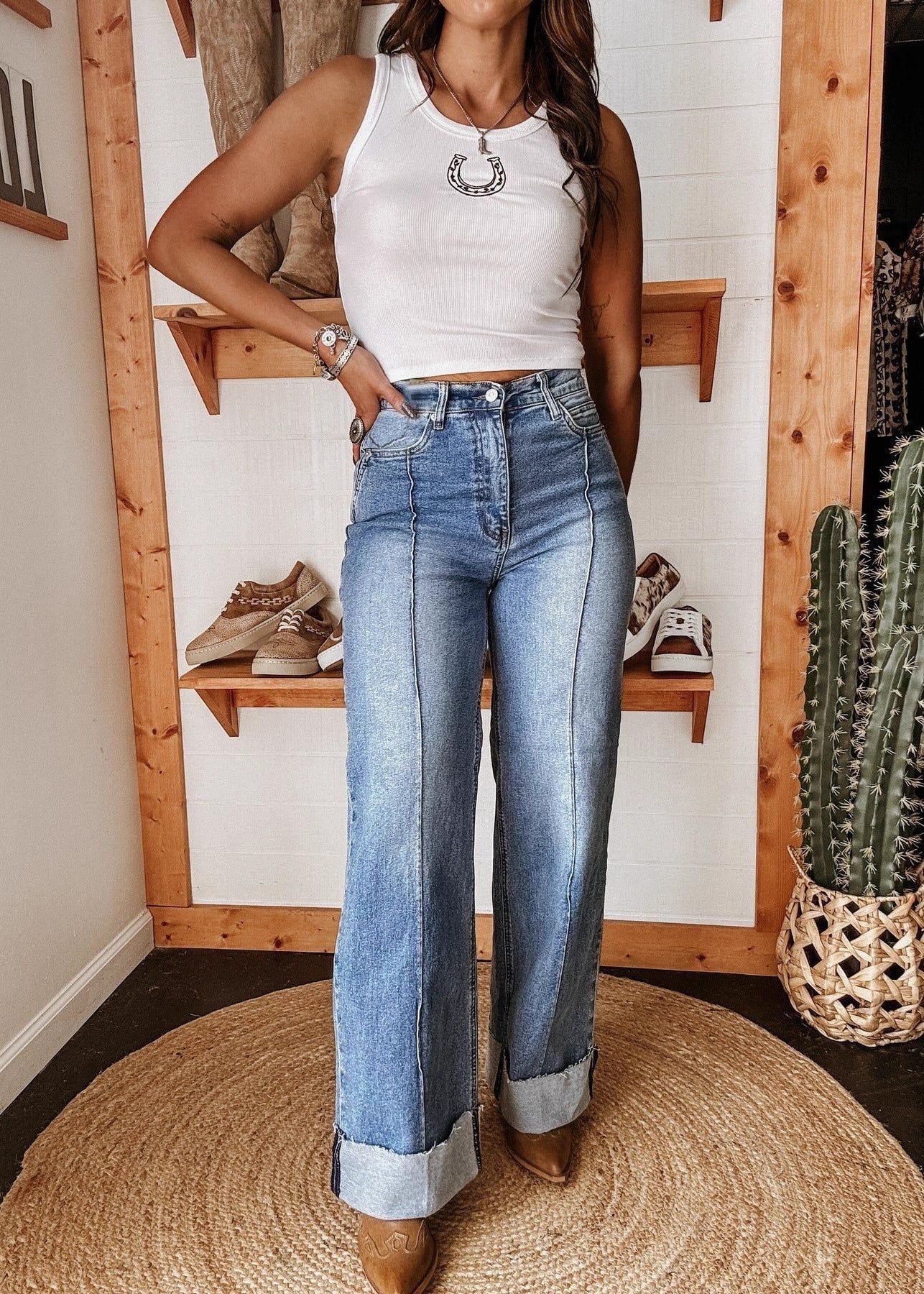 Women's Washed Straight Leg Jeans Mid Rise Loose Denim Pants