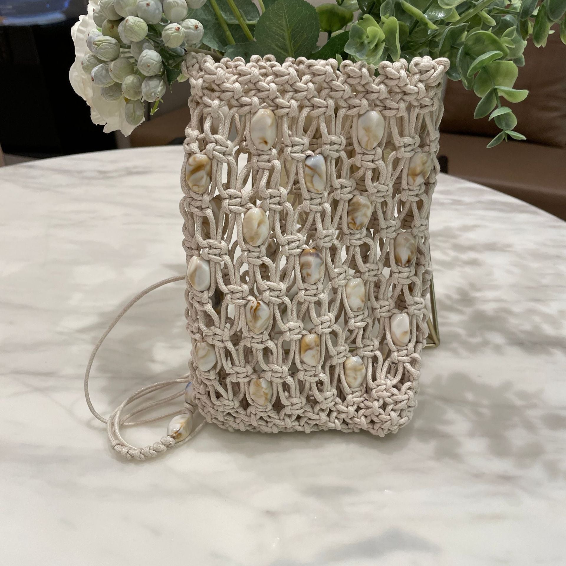 Bohemian Cowrie Shell Macrame Phone Bag - Handmade Wax Cord Woven Mini Crossbody Beach Purse