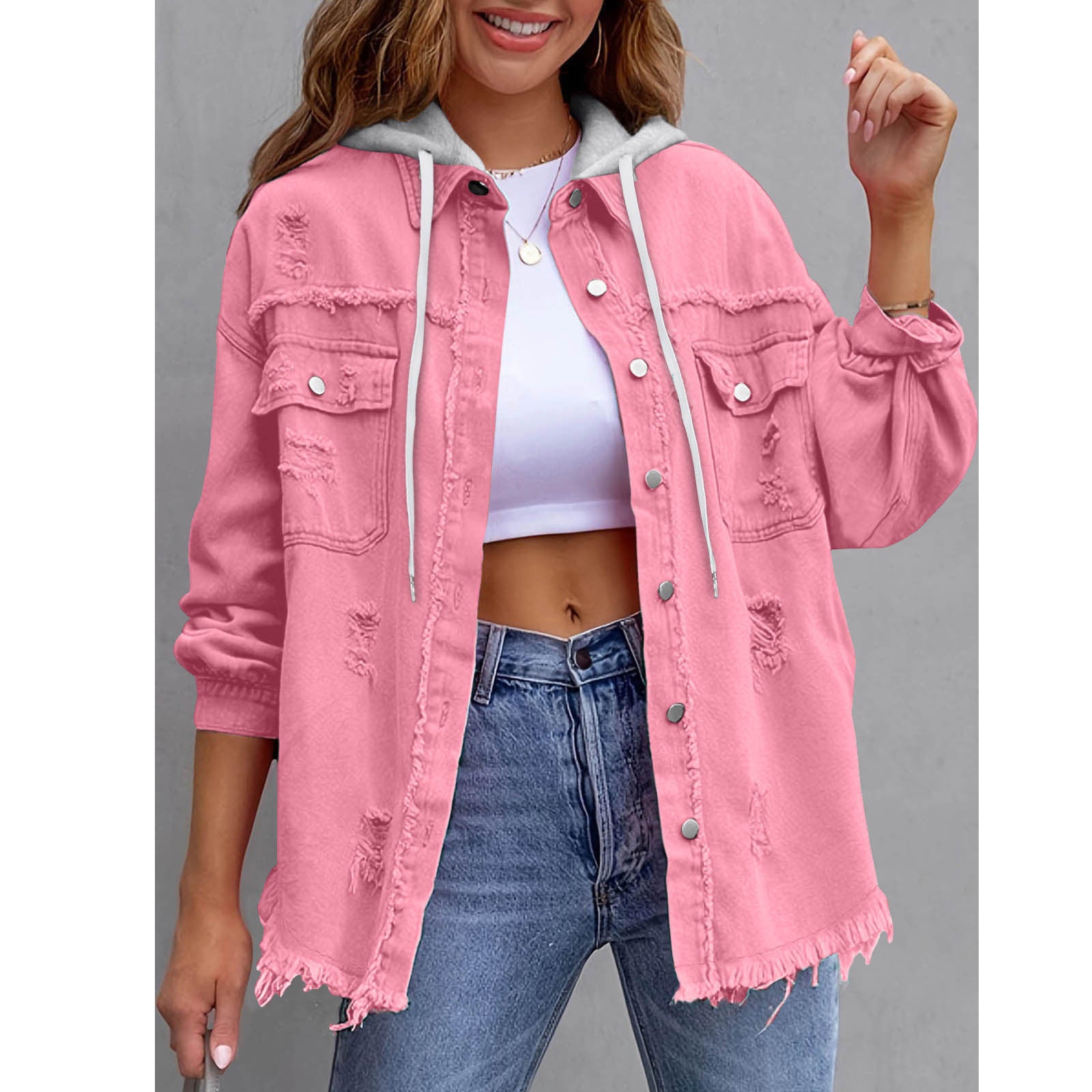 Women's Hooded Distressed Denim Jacket | Casual Long Sleeve Washed Jean Shacket Top