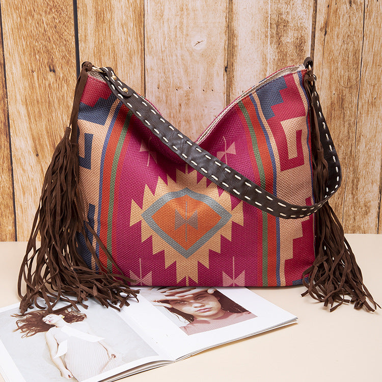 Vintage Southwestern Aztec Woven Shoulder Bag - Handmade Tribal Large Capacity Boho Tote with Leather Fringe