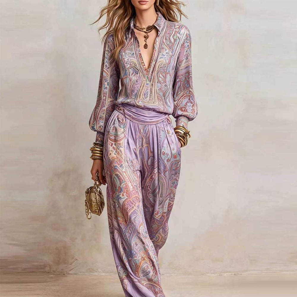 Women's V-Neck Long-Sleeve Wide-Leg Top & Pants Set