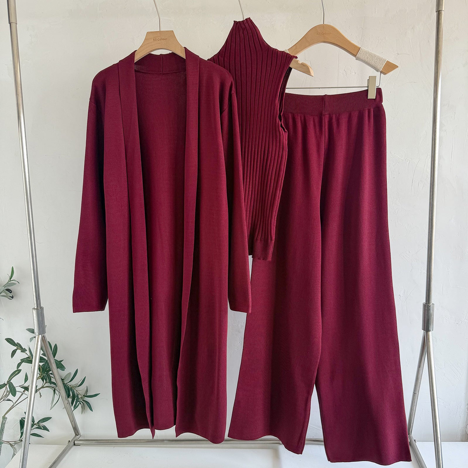 Mercerized Cotton Knit 3-Piece Set | Sleeveless Mock Neck Sweater Open Front Cardigan & Wide Leg Pants Suit