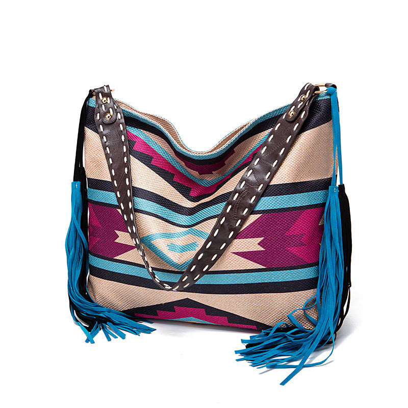 Vintage Southwestern Shoulder Bag - Handmade Tribal Large Capacity Boho Tote with Leather Fringe