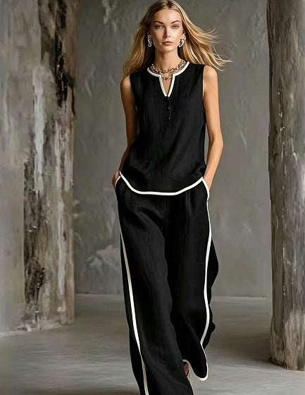 Chic Contrast Trim Knit Lounge Set - Sleeveless V-Neck Tank Top & High-Waist Wide Leg Pants 2-Piece Set