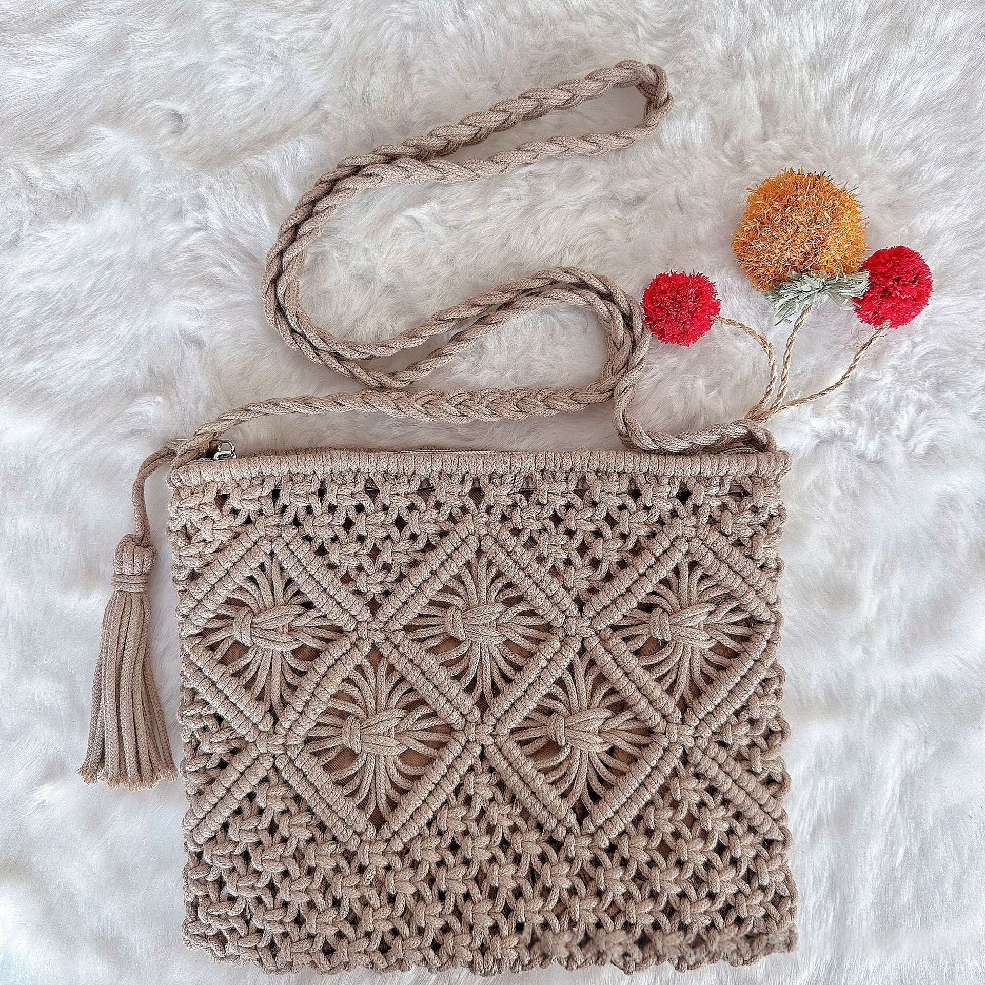 Bohemian Macrame Woven Crossbody Bag - Handmade Cotton Rope Envelope Clutch & Beach Purse with Tassel