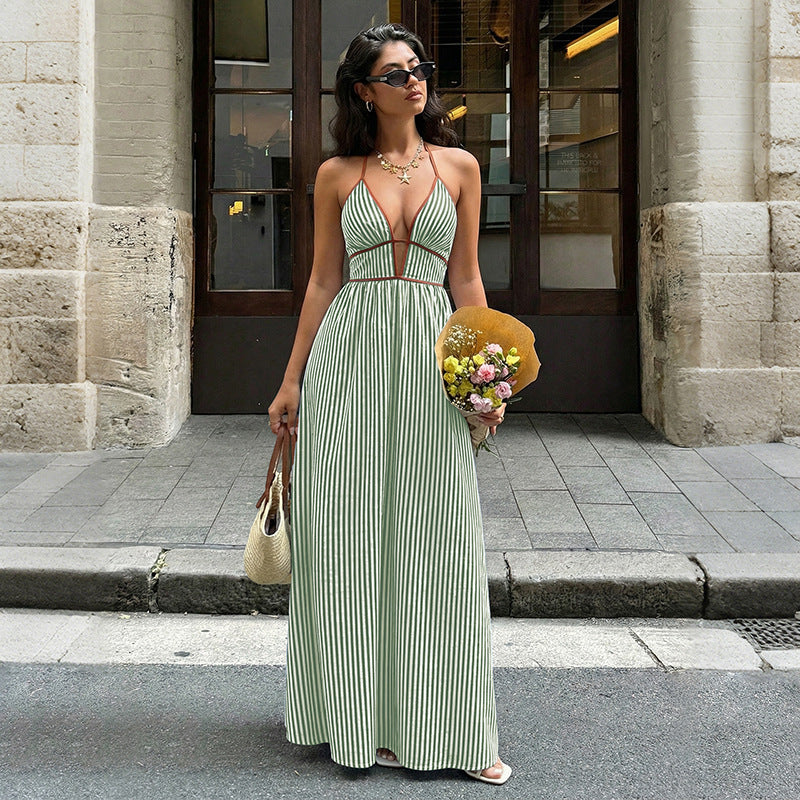 Beach Vacation Dress Color block Striped Print Cut Out Maxi Dress