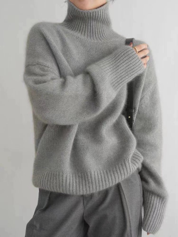 Chic Chunky Turtleneck Sweater - Slouchy Solid Knit Pullover Loose Fit Warm Winter Top