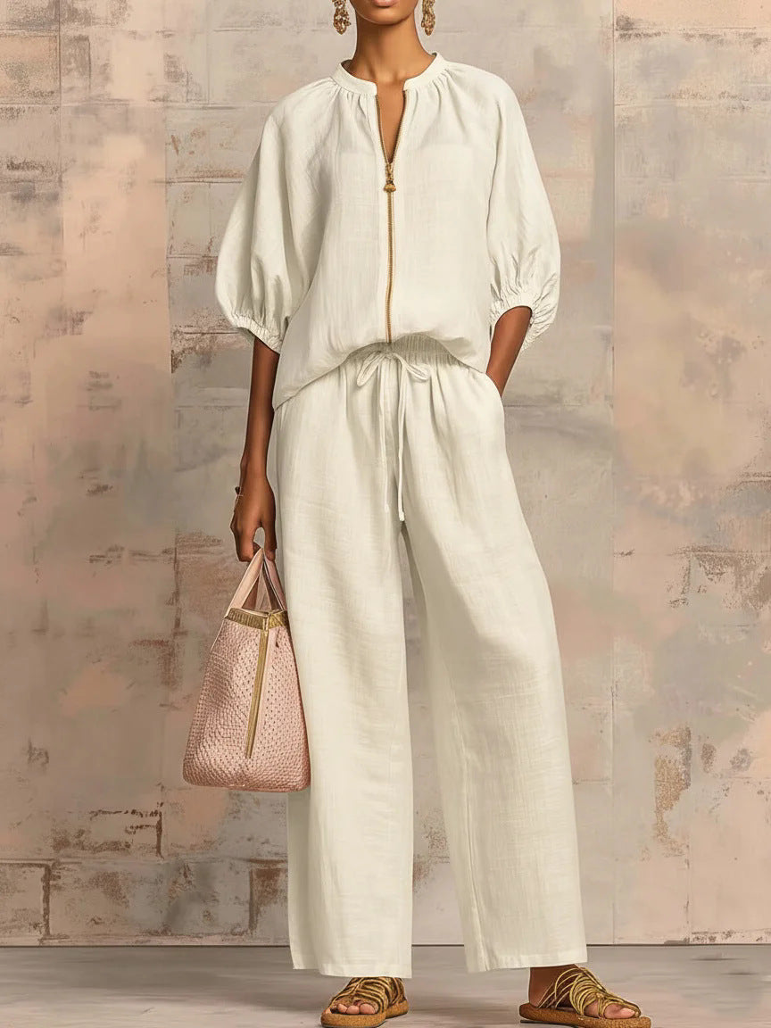 Ensemble de salon chic deux pièces - Blouse à demi-zip et manches bouffantes & Pantalon large taille haute pour femme, survêtement décontracté élégant