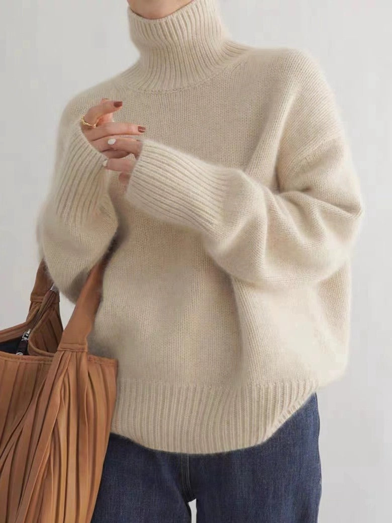 Chic Chunky Turtleneck Sweater - Slouchy Solid Knit Pullover Loose Fit Warm Winter Top