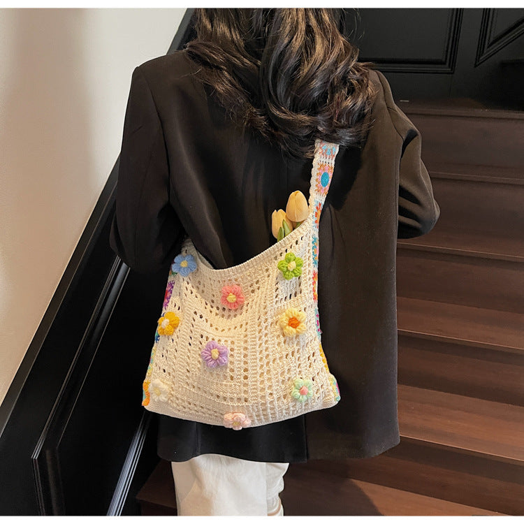 Bohemian Granny Square Crochet Tote Bag - Handmade Floral Knit Beach Shoulder Purse for Women