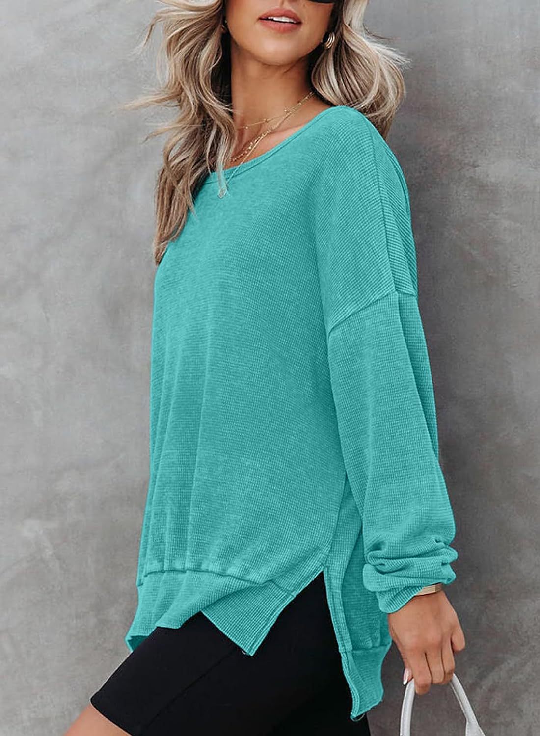 Waffle Knit Oversized Sweatshirt | Loose Fit Round Neck Side Slit Casual Long Sleeve T-Shirt Top