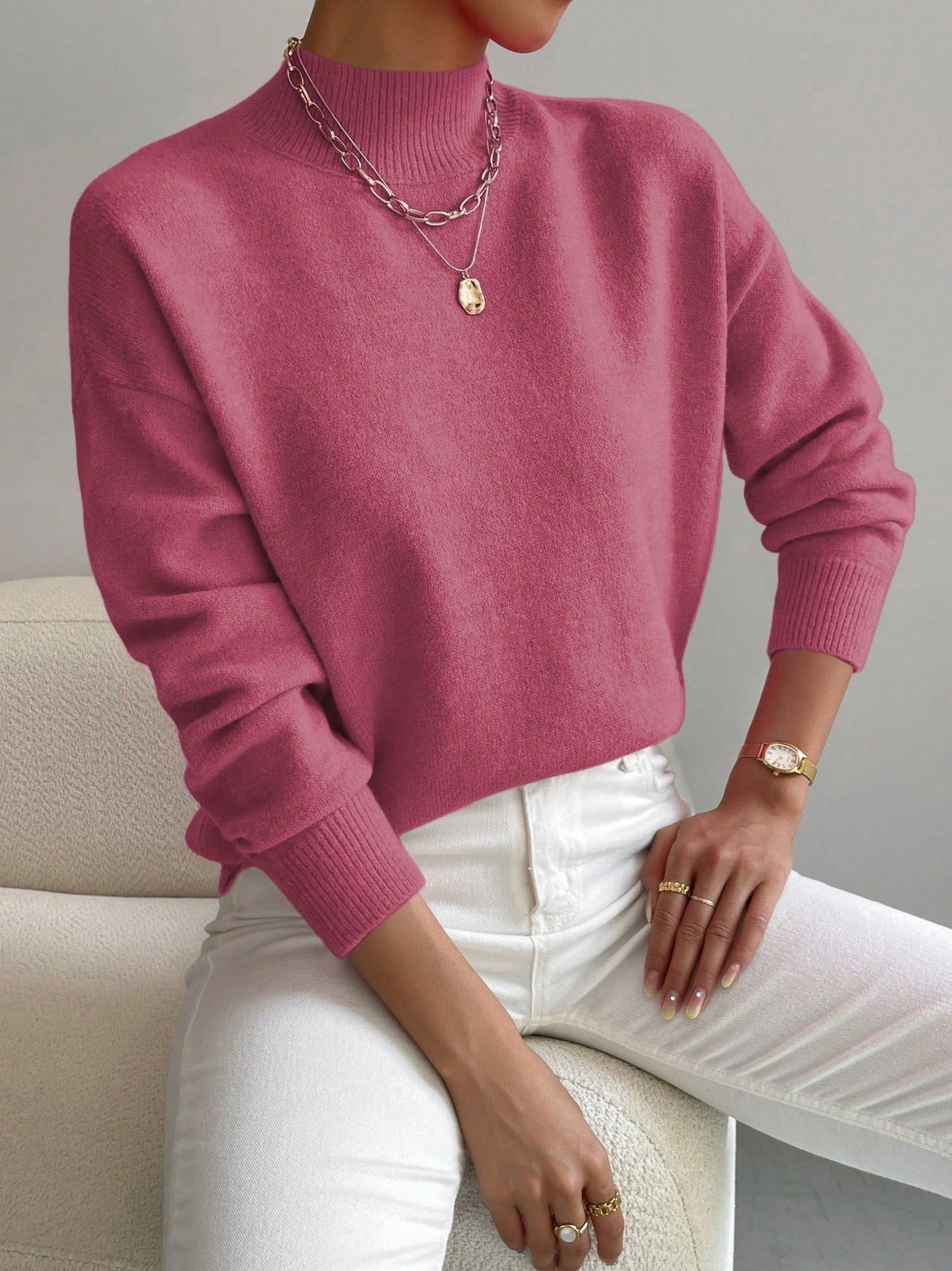 Women’s Mock Neck Long Sleeve Solid Knit Sweater Pullover with Ribbed Trim