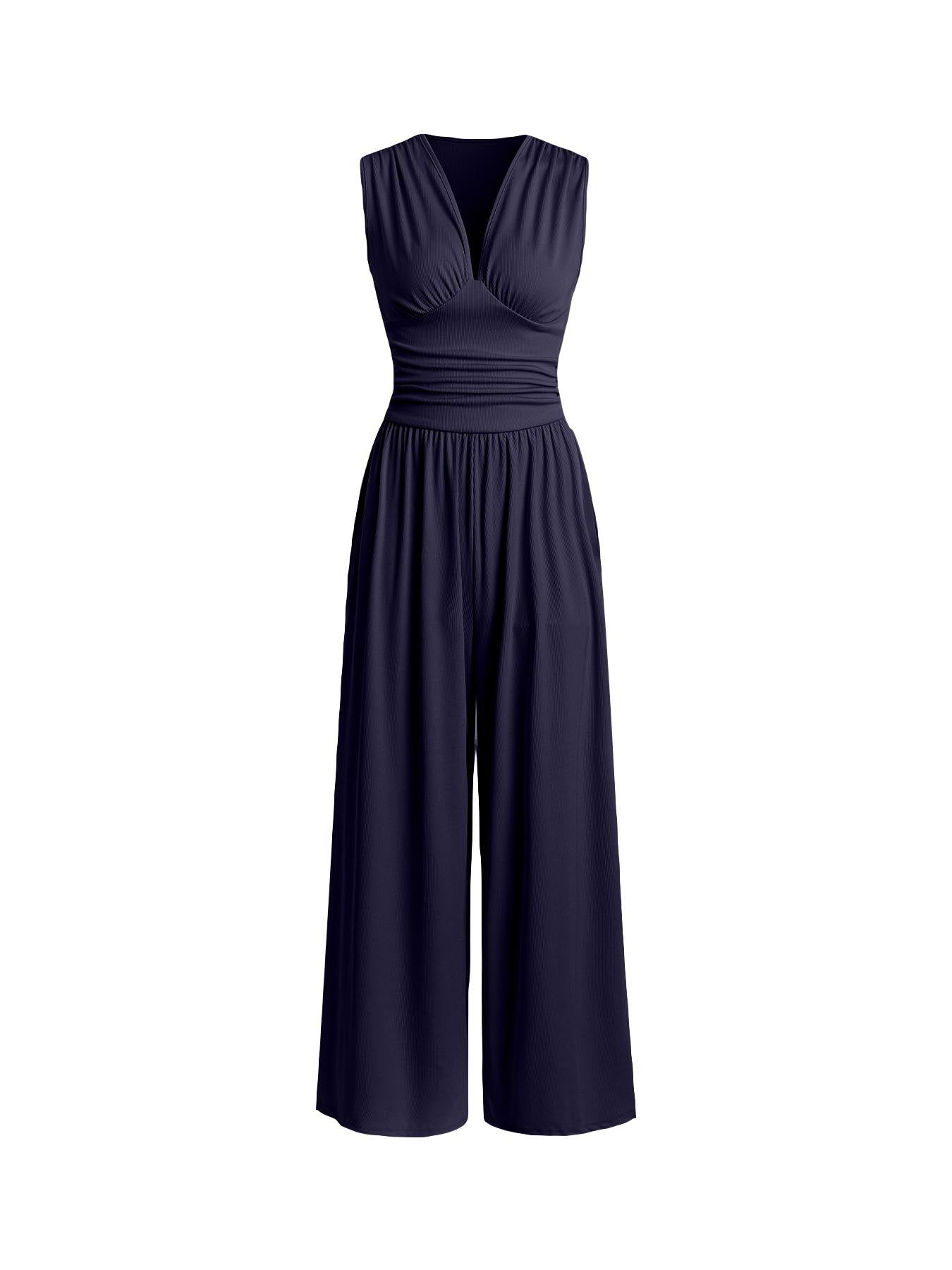 Chic Plunging V-Neck Sleeveless Jumpsuit - Elegant Ruched Waist Ribbed Knit Wide-Leg Romper for Women