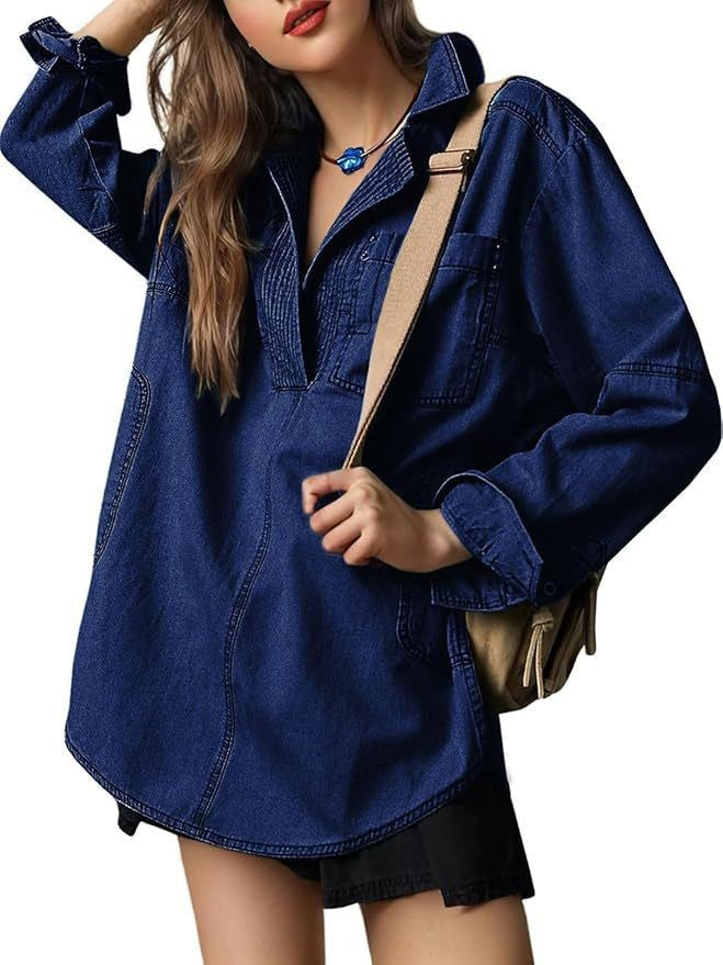 Vintage Oversized Denim Blouse for Women - Chic Pullover Split Neck Tunics with Pockets