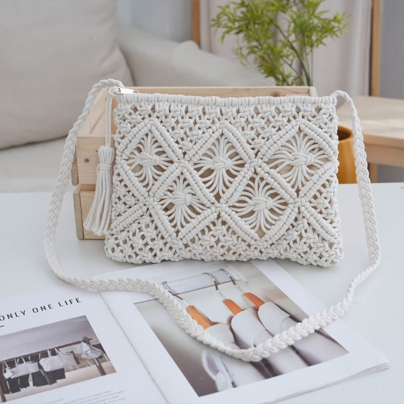 Bohemian Macrame Woven Crossbody Bag - Handmade Cotton Rope Envelope Clutch & Beach Purse with Tassel