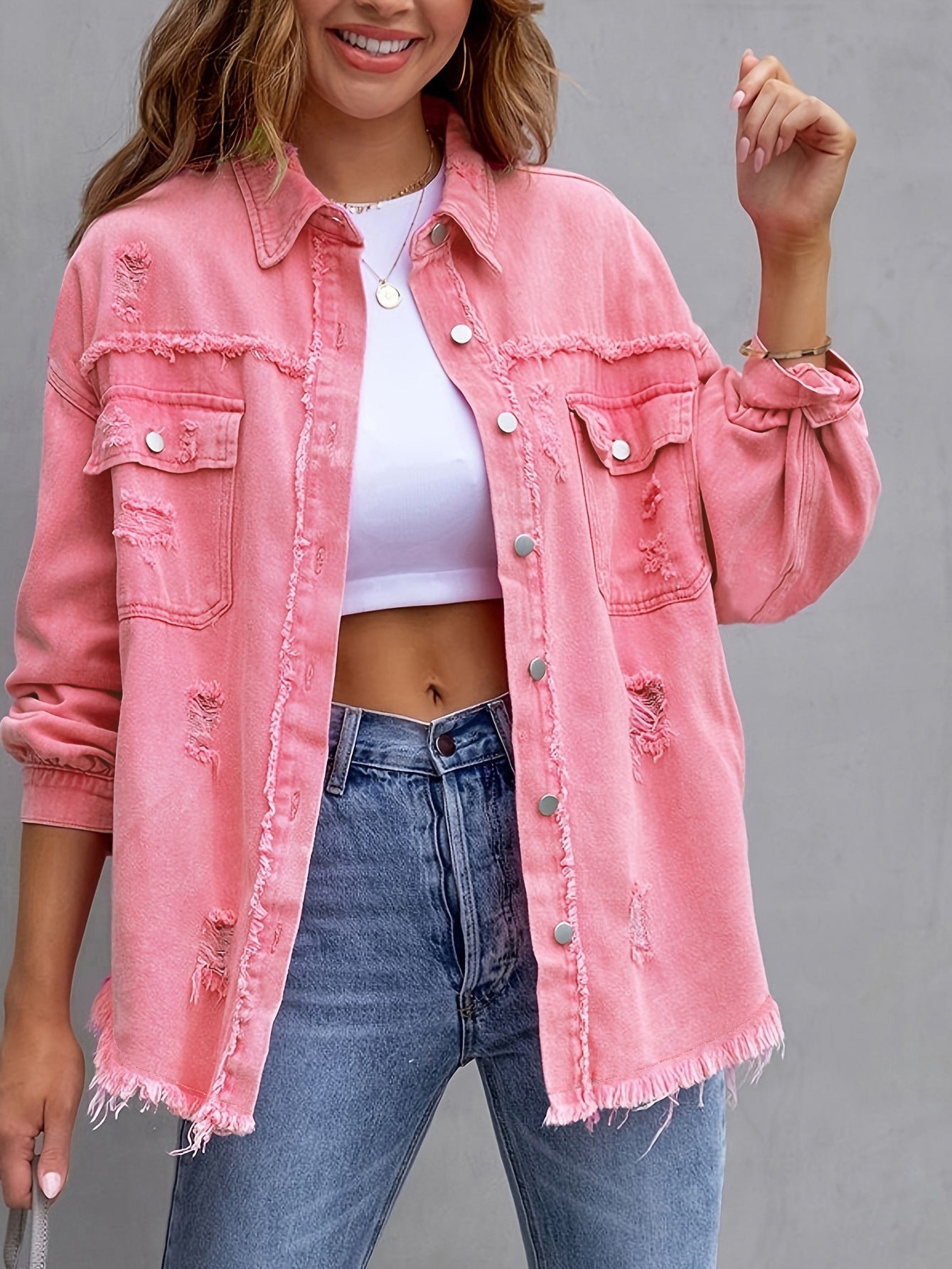 Vintage Oversized Frayed Denim Shirt for Women - Streetwear Button Down Jacket