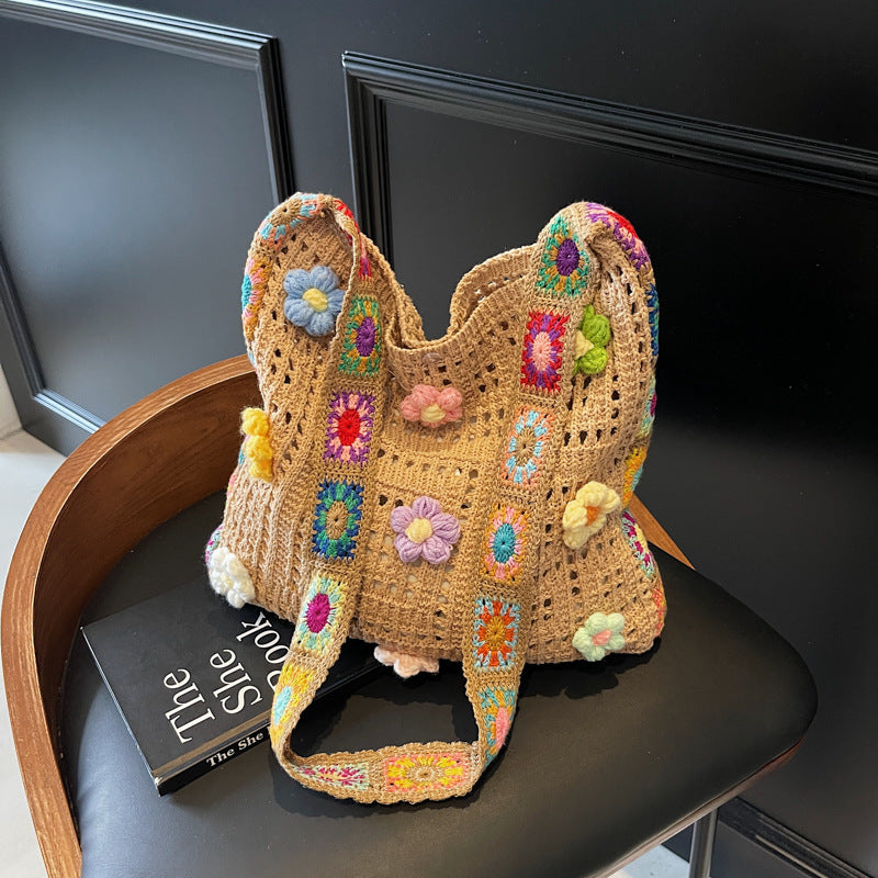 Bohemian Granny Square Crochet Tote Bag - Handmade Floral Knit Beach Shoulder Purse for Women