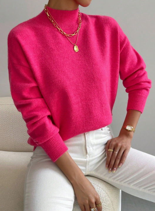 Women’s Mock Neck Long Sleeve Solid Knit Sweater Pullover with Ribbed Trim
