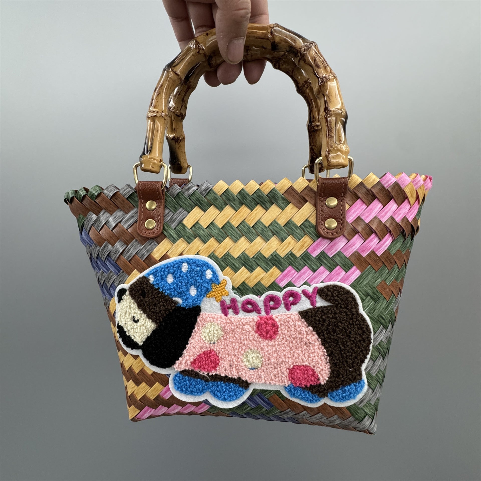 Luxury Bamboo Handle Dachshund Woven Tote Bag - Colorful Striped Polyester Straw Beach Travel Handbag