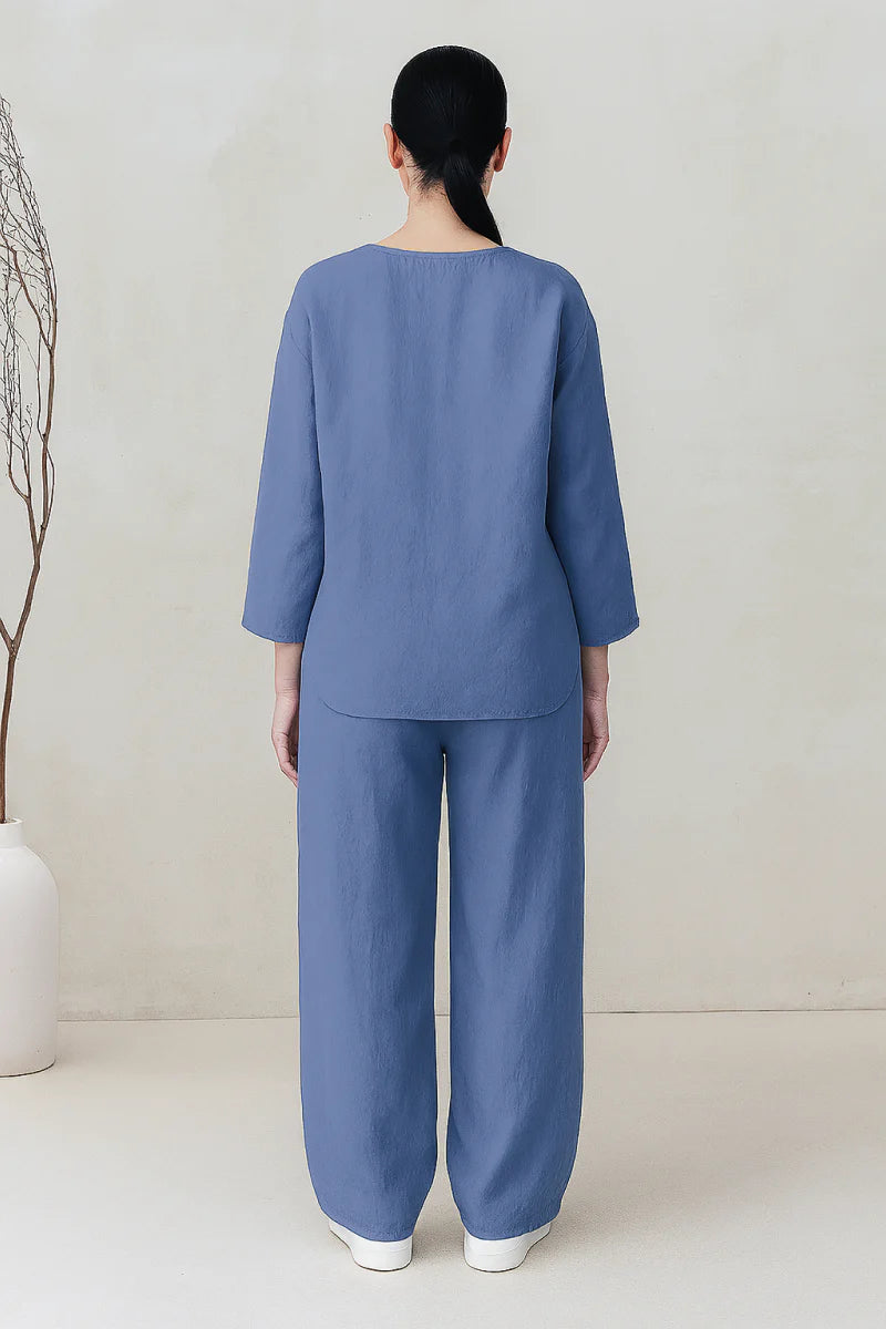 Ensembles deux pièces en mélange de lin pour femme – Haut surdimensionné à col en V et bouton unique, et pantalon à jambes larges, ensemble décontracté d'été pour la détente