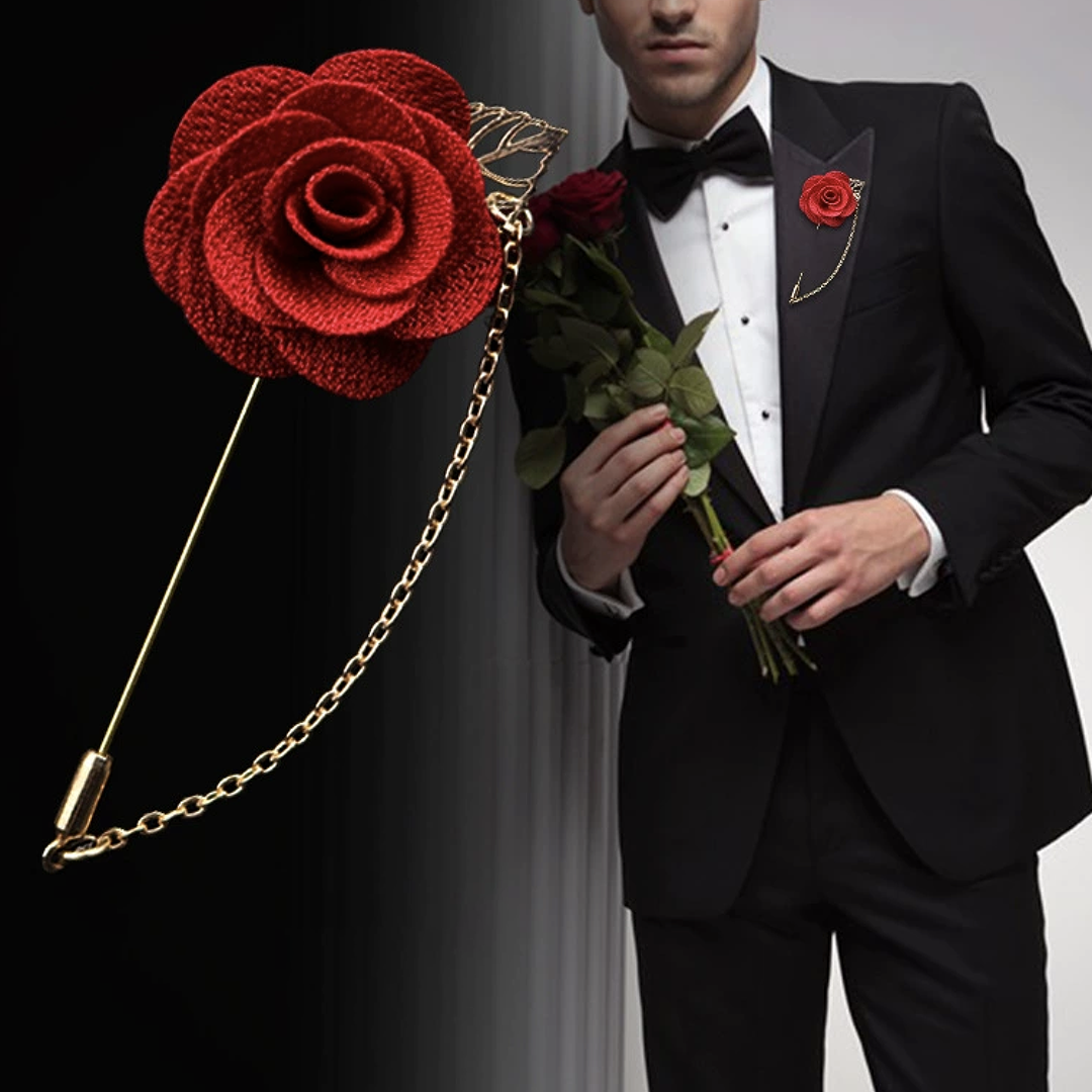Lapel pins featuring blooming roses, for men, with gold chains