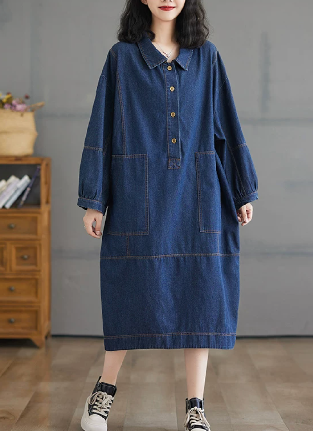 Vintage Oversized Denim Dress for Women - Artsy Button-Up Peter Pan Collar Jumper