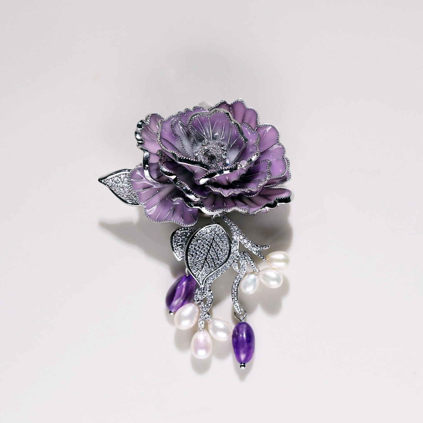 vintage purple rose brooch pendant with natural pearl and amethyst pin best women gift