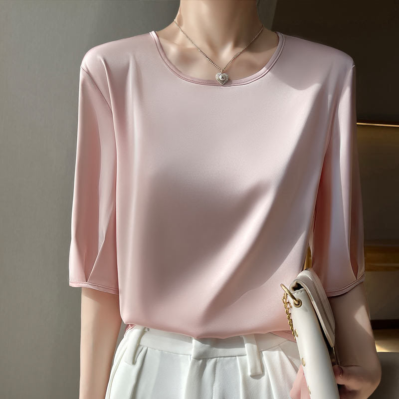 Luxury Acetate Silk-Satin Round Neck Blouse with Half Sleeves