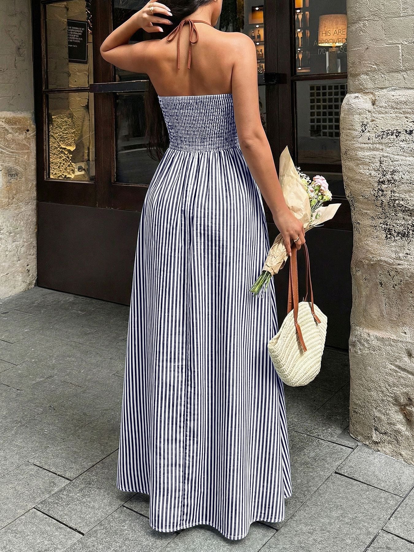 Beach Vacation Dress Color block Striped Print Cut Out Maxi Dress