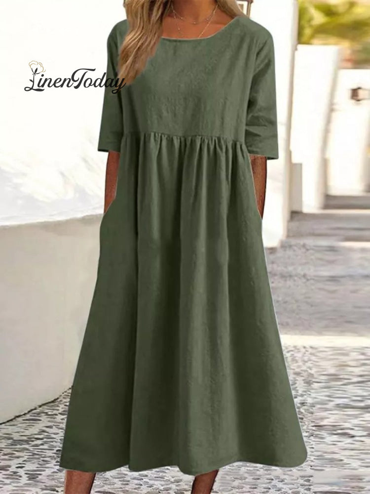 Robe décontractée ample en coton et lin de couleur unie avec manches 3/4
