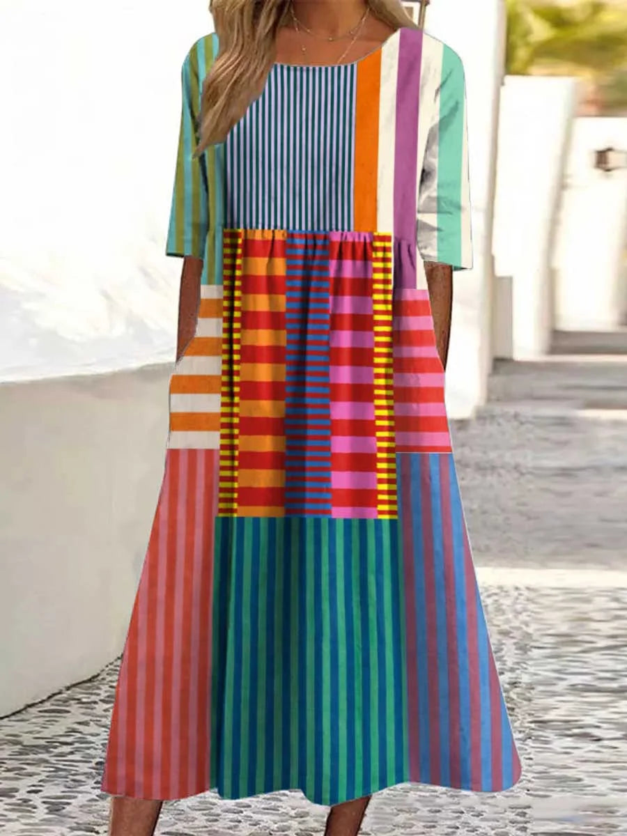 Robe en Coton à Motif Géométrique Vintage Imprimé pour Femmes