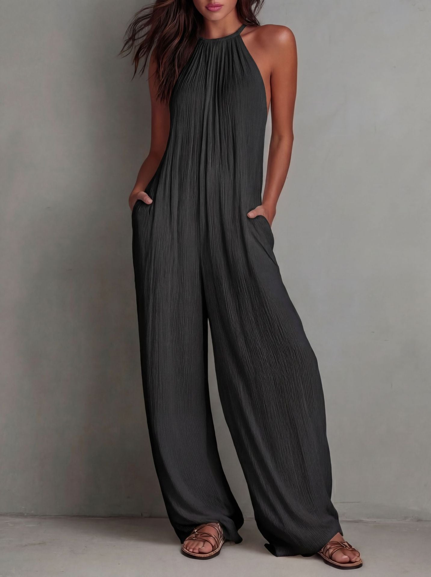 Women's Halter Neck Pleated Jumpsuit – Sleeveless Wide Leg Long Romper with Pockets, Casual Summer Beach Vacation Outfits