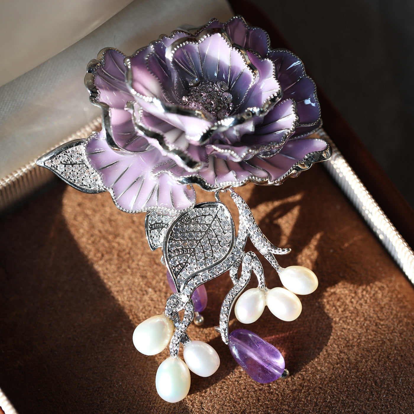 vintage purple rose brooch pendant with natural pearl and amethyst pin best women gift