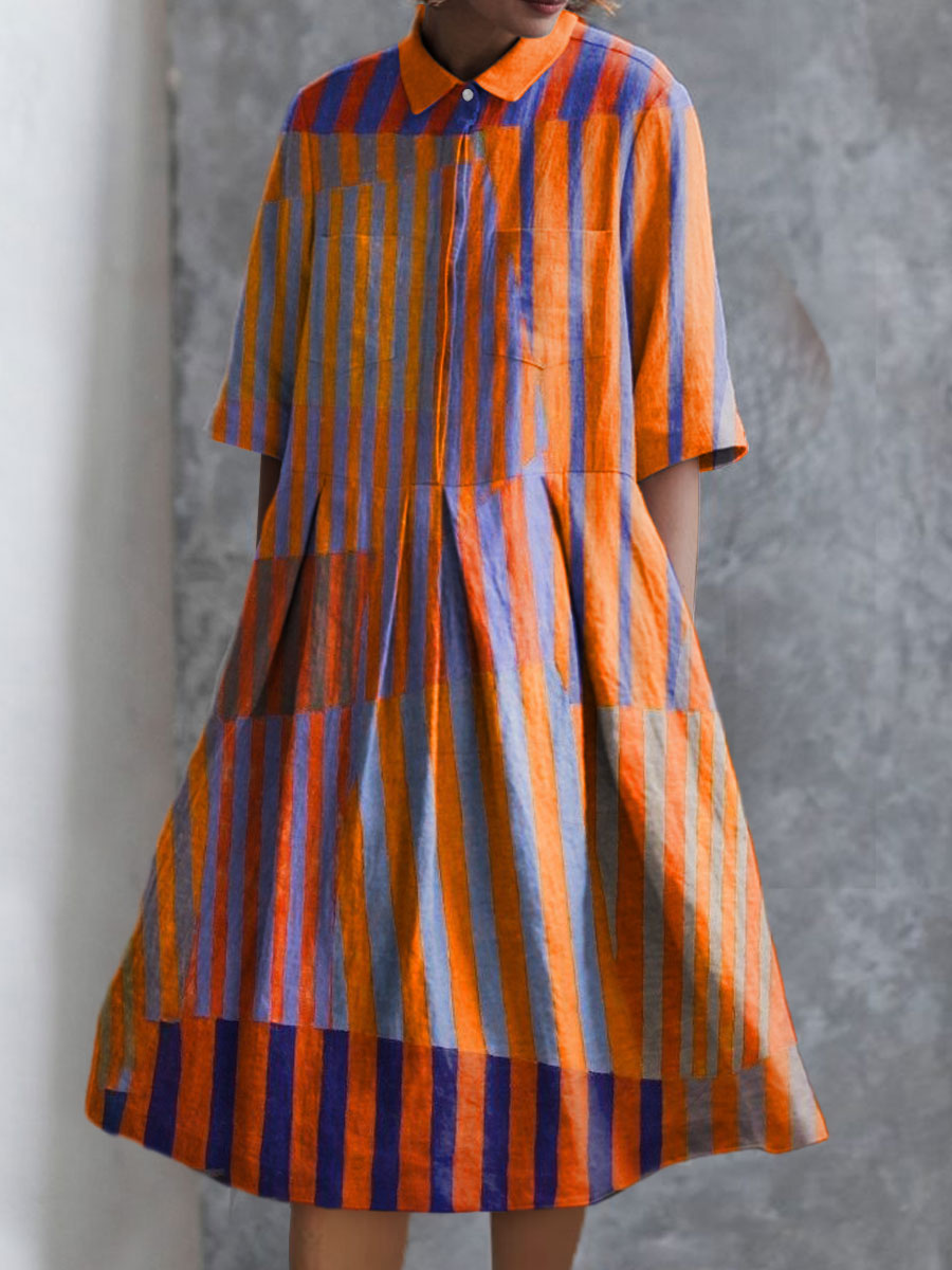 Women's Vintage Colorblock Striped Art Print Casual Cotton And Linen 3/4 Sleeve Shirt