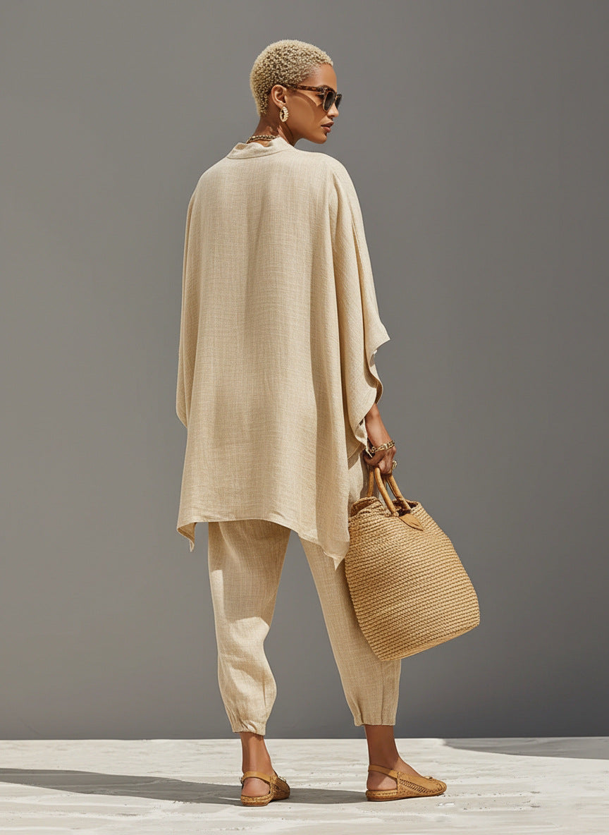 Women's Linen Two Piece Outfits – Loose Oversized V-Neck Tunic Top and Jogger Pants Set, Summer Vacation Boho Co-ord Set