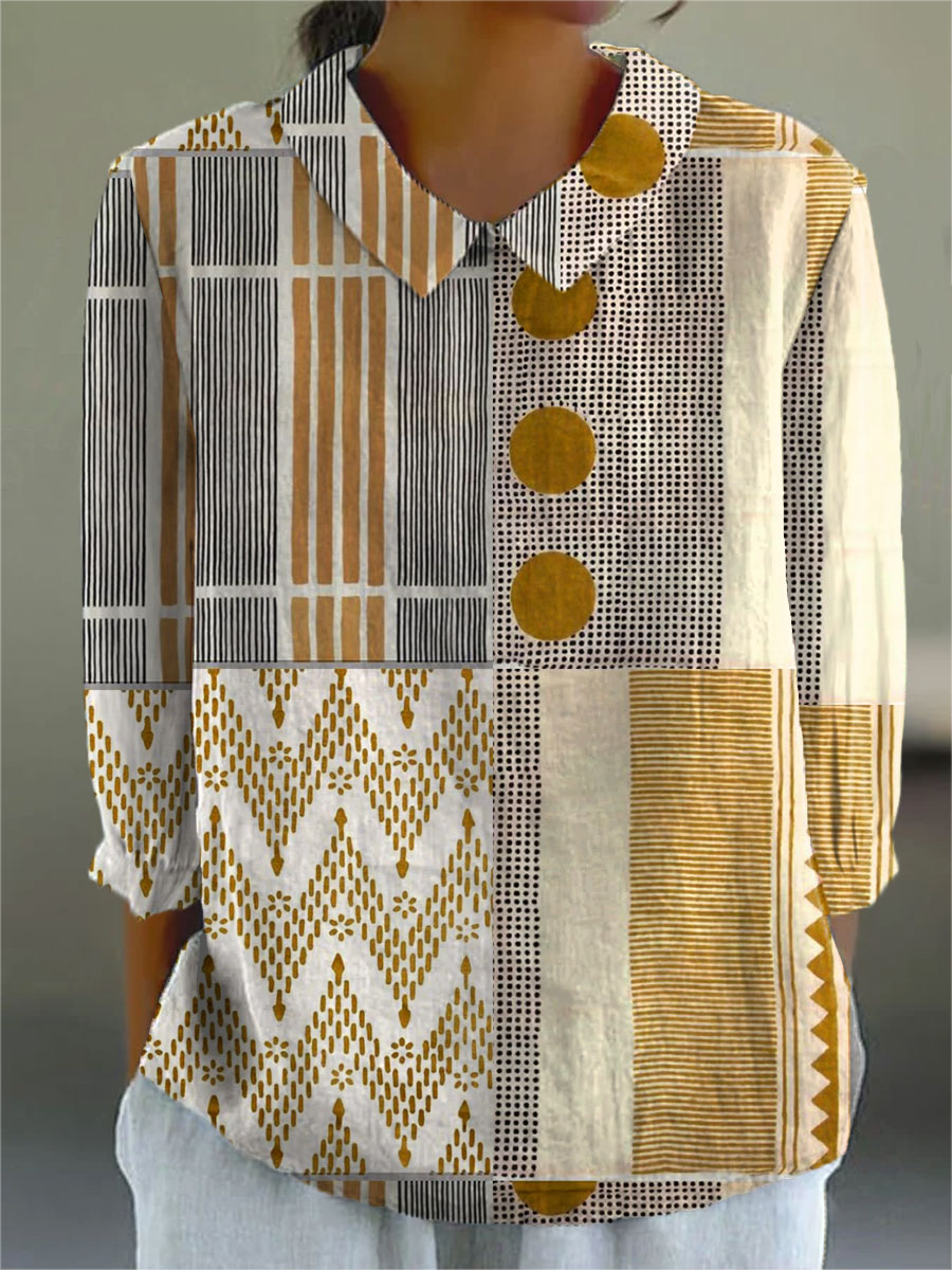 Women's Vintage Abstract Geometry Art Print Casual Cotton And Linen 3/4 Sleeve Shirt