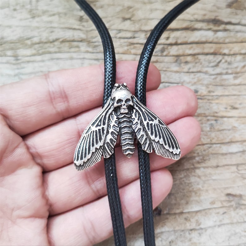 Dead Head Moth Bolo Tie - Silver Plated Wax Rope Cowboy Necktie
