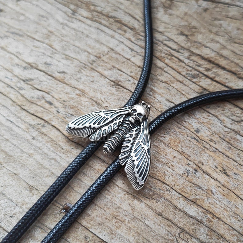 Dead Head Moth Bolo Tie - Silver Plated Wax Rope Cowboy Necktie