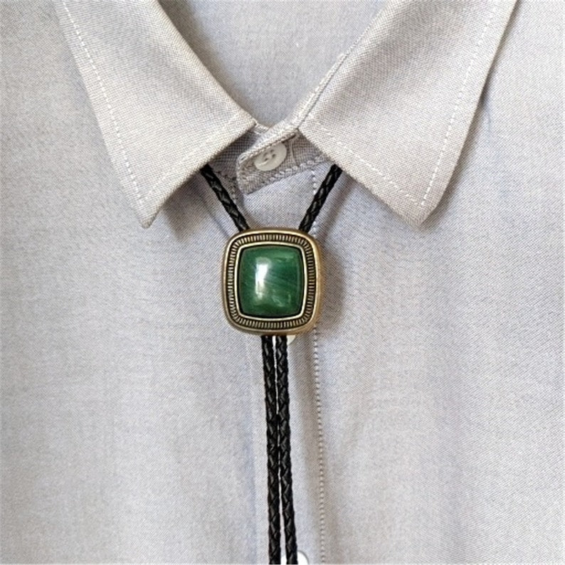 Cravate bolo en jade naturel - Collier de mariage en cuir véritable pour hommes, témoins, marié - Cravate de cowboy occidental