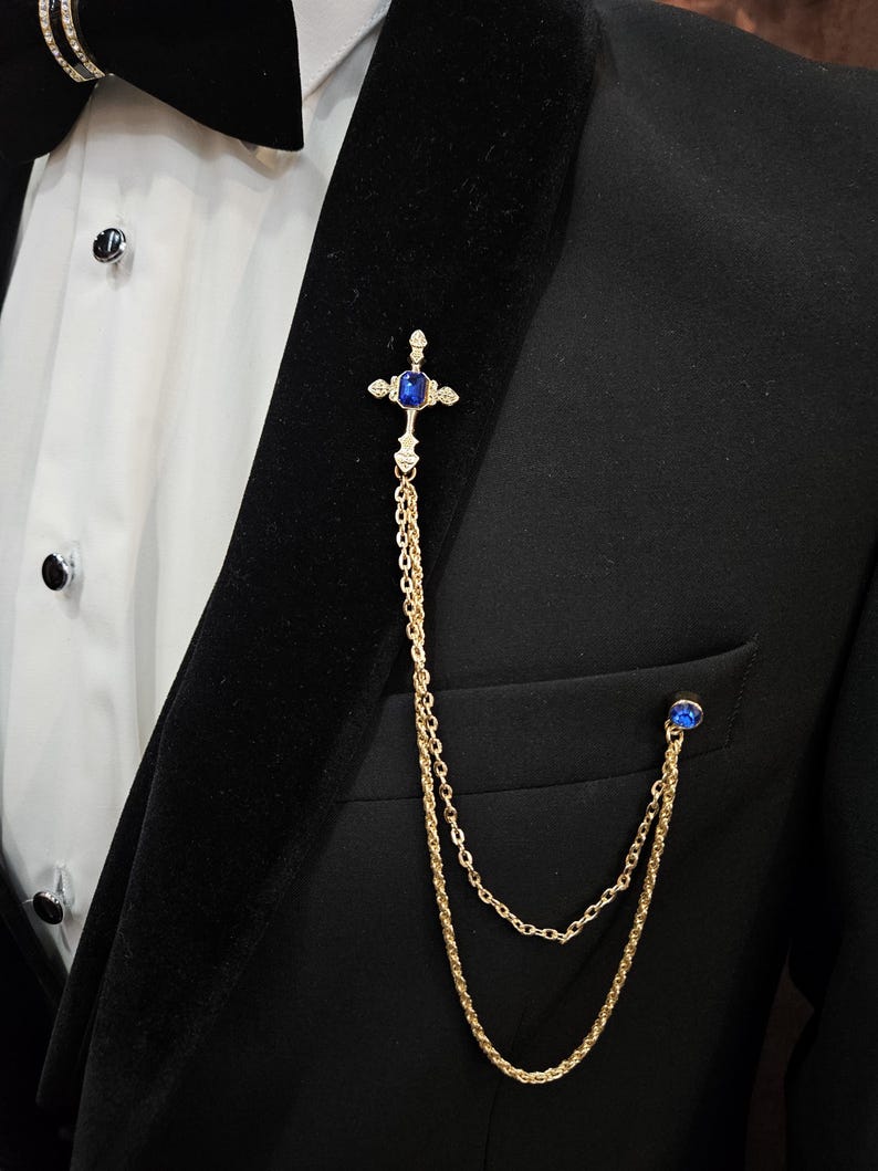 Épingle de Revers Chaîne Dorée : Ensemble Broche Croix Strass Saphir