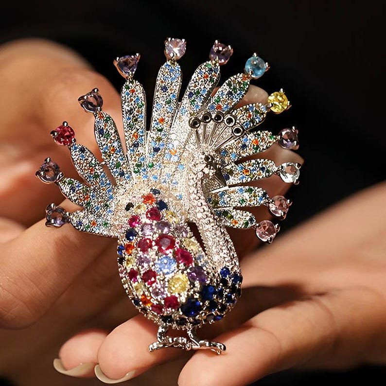 Copper Zircon Peacock Brooch: Exquisite Colorful Bird Jewelry
